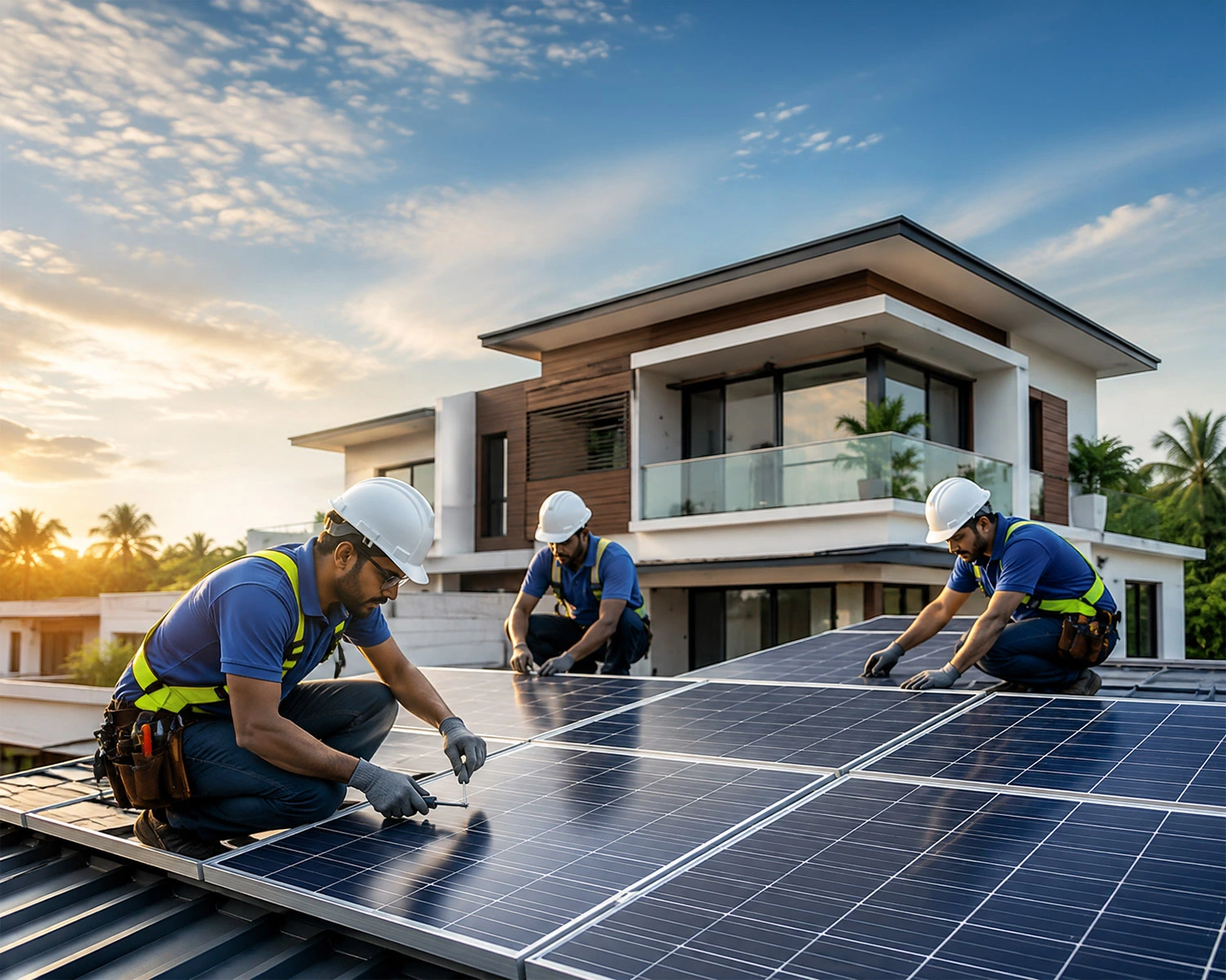 Solar technician holding a tablet near solar panels