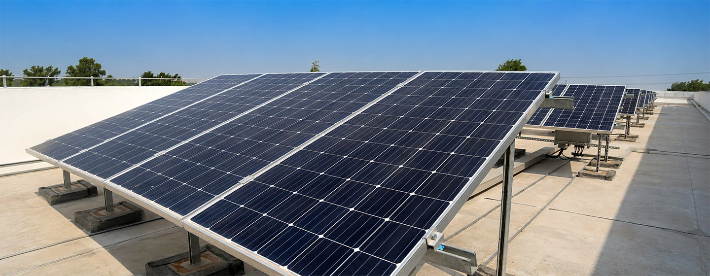 Residential solar panels in warm sunlight