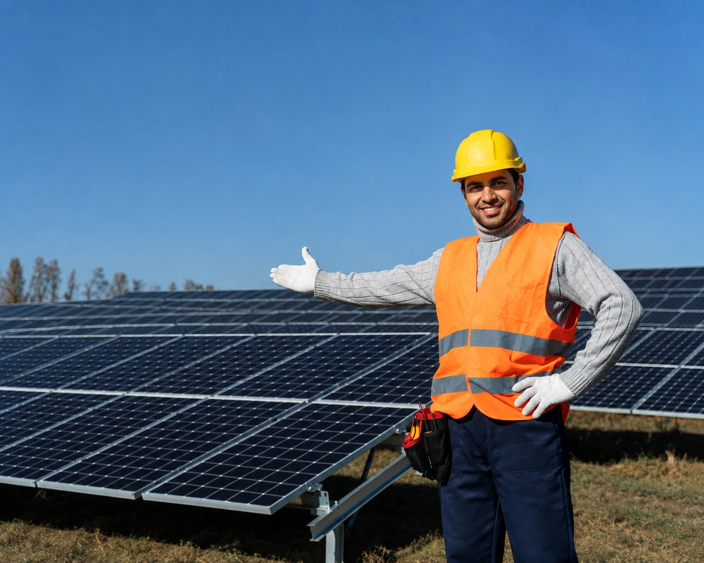 Solar technician standing in front of solar panels